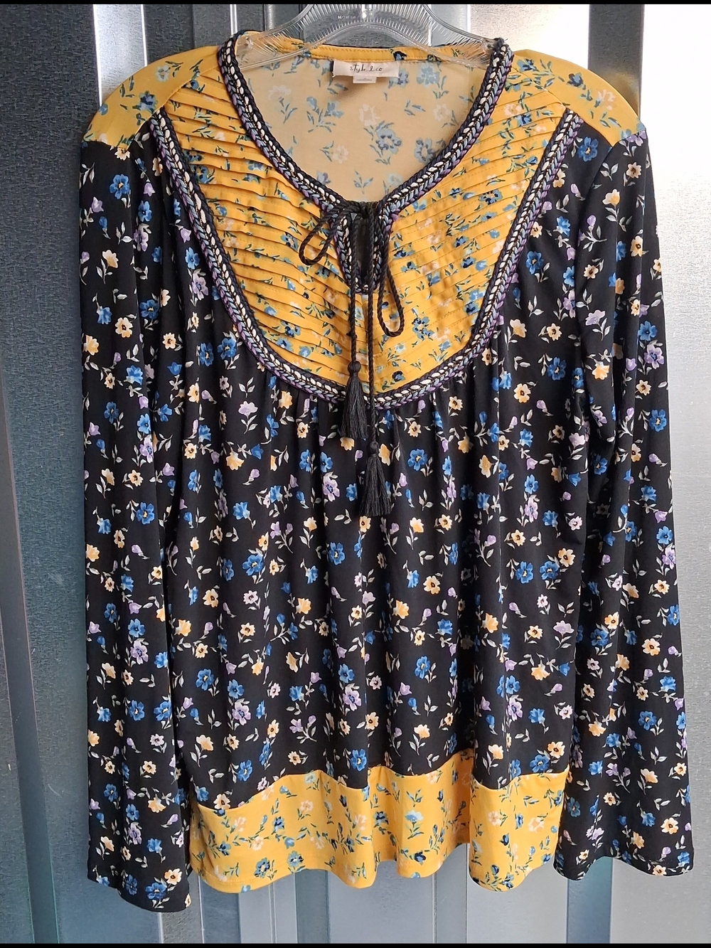 Style & Co. Black Floral Peasant Top with Yellow Yoke and Hem